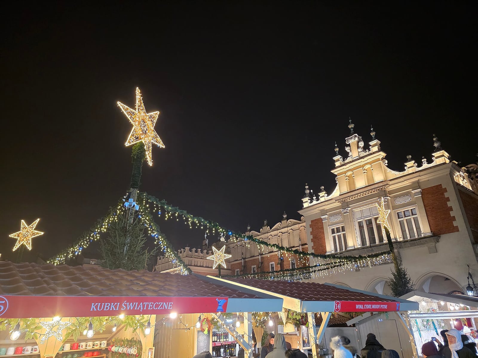Les chalets du marché de Noël devant la halle aux draps de Cracovie